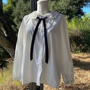 Lace Peter Pan collar 100% cotton yoked shirt w/ black tie. Romantic traditonal